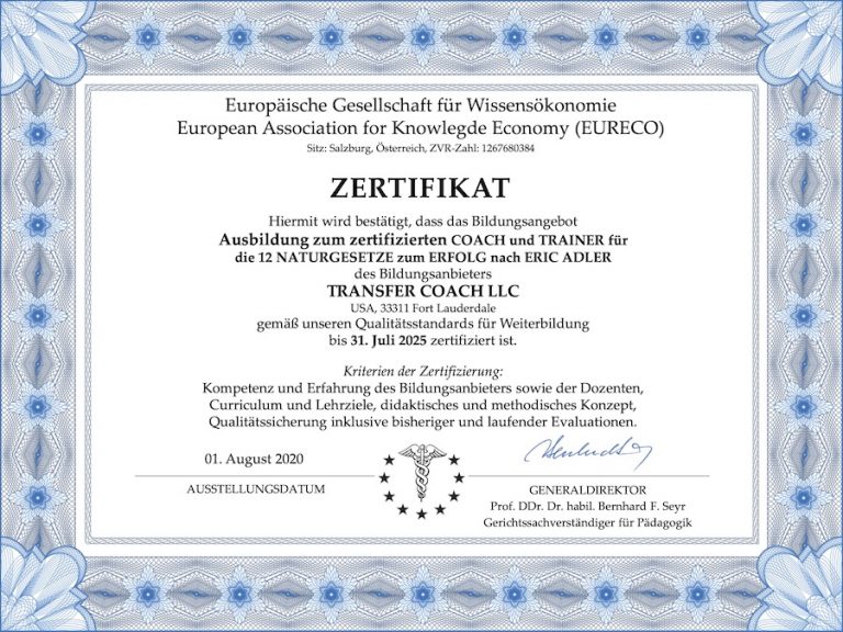 Zertifikat EURECO für 12 NATURGESETZE zum ERFOLG-Coach von TRANSFER COACH